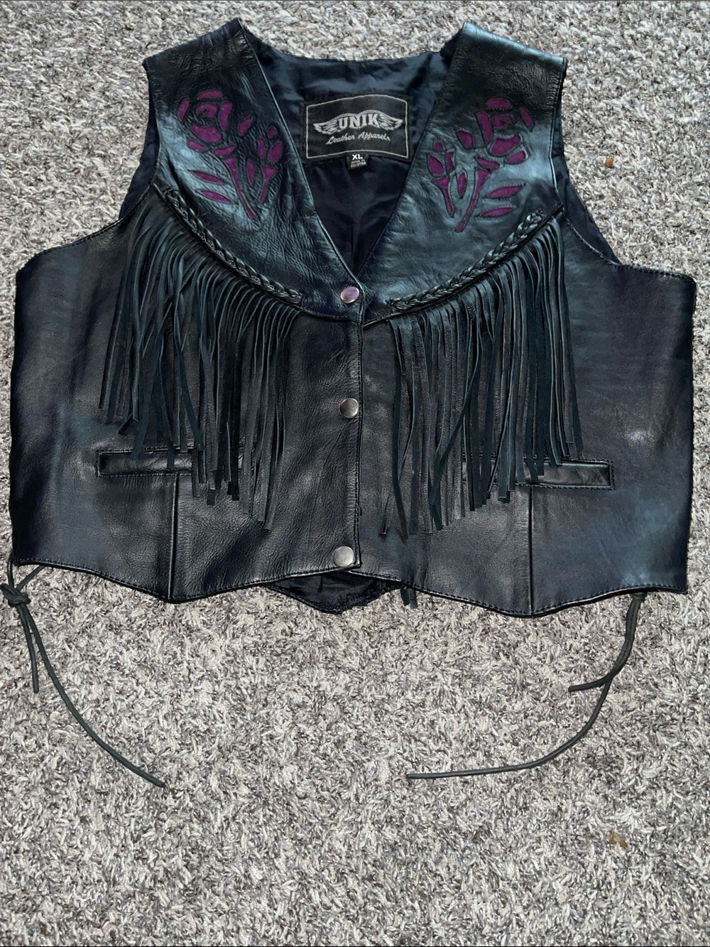 Vintage NWOT Unik Black Leather Fringe Vest with Purple Rose Cutouts (XL)
